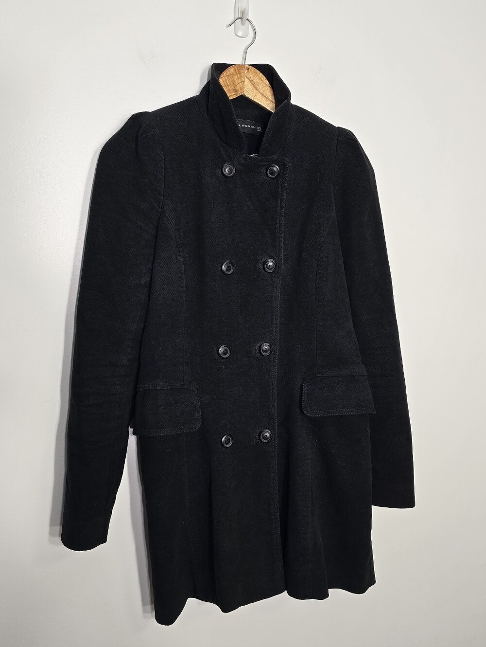 Zara Woman Black Soft Corduroy 100% Cotton Double Breasted Puff Shoulders Small